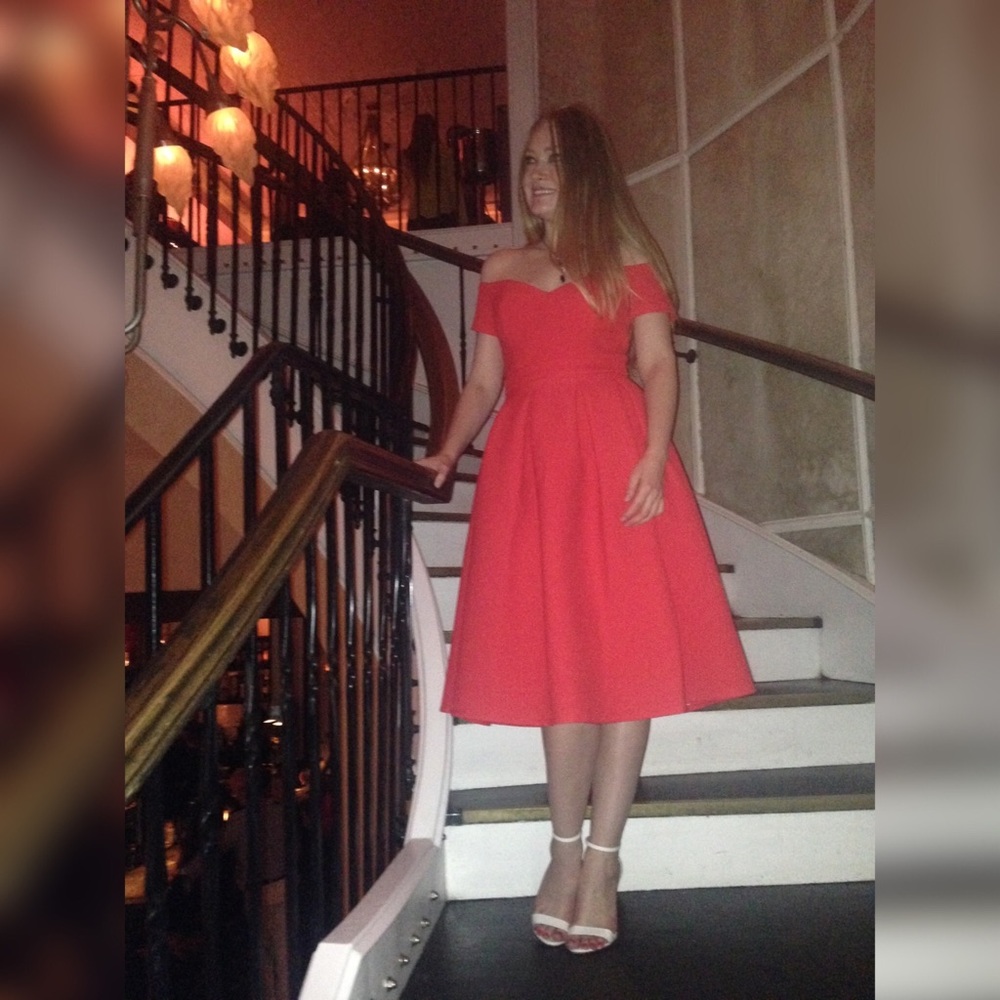 💃 Asos Off The Shoulder Sweetheart Bardot Red Prom A-line Full Skirt Dress - Picture 11 of 11